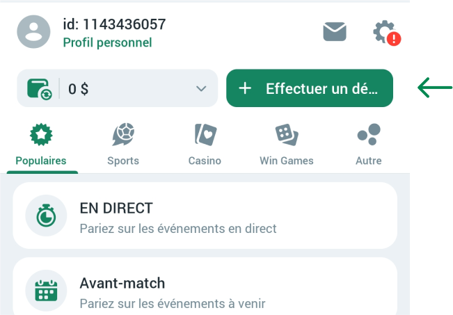 Appuyez sur le bouton Dépôt Betwinner Apk Togo