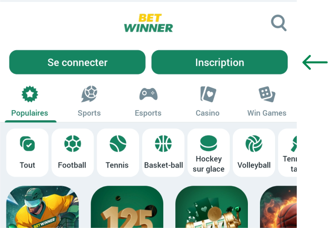 Appuyez sur l'option Créer un compte Betwinner Apk Togo