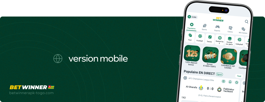 Version mobile Betwinner apk Togo
